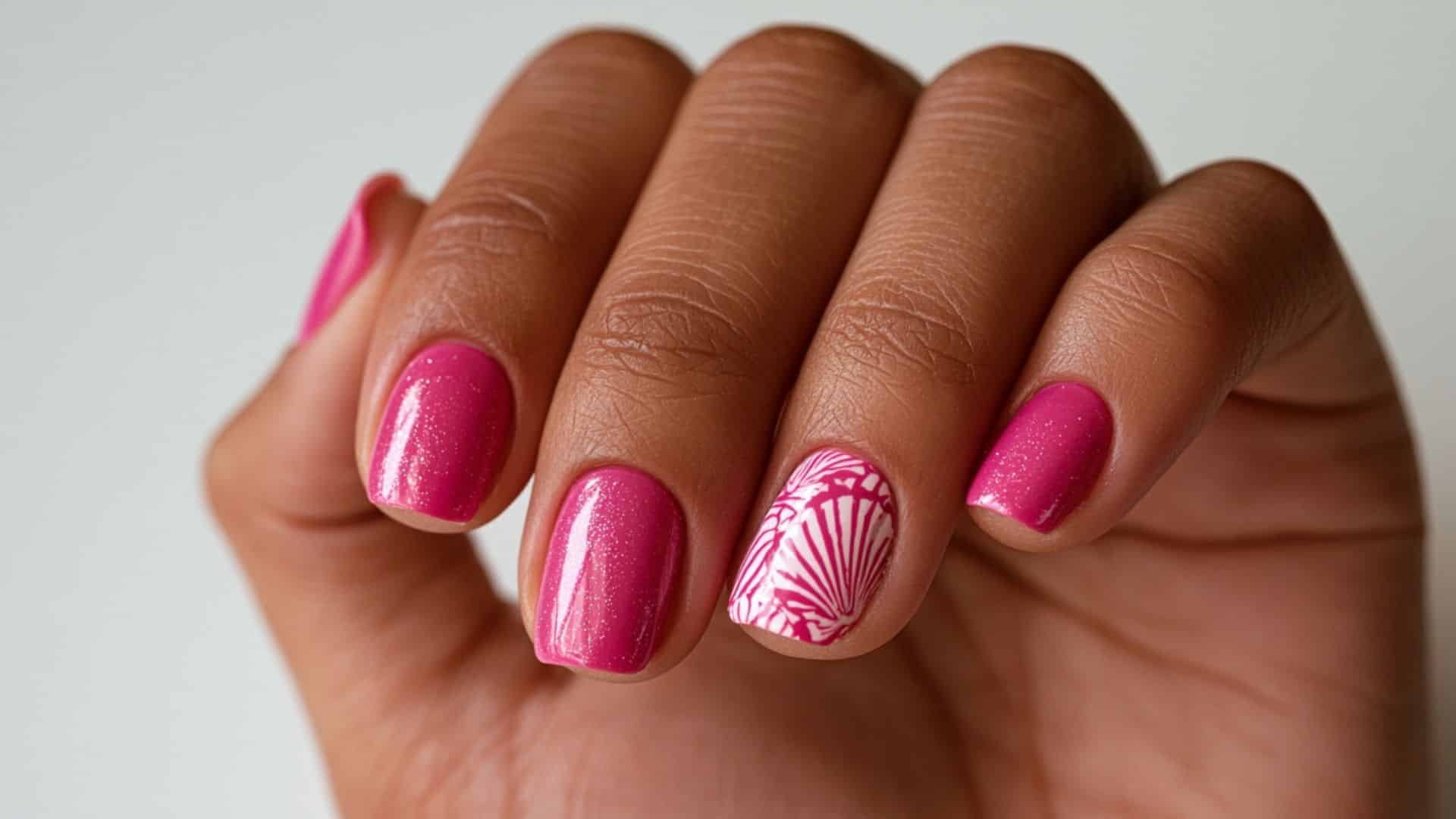 Hot Pink nails with a glittery finish and seashell art accent nail.