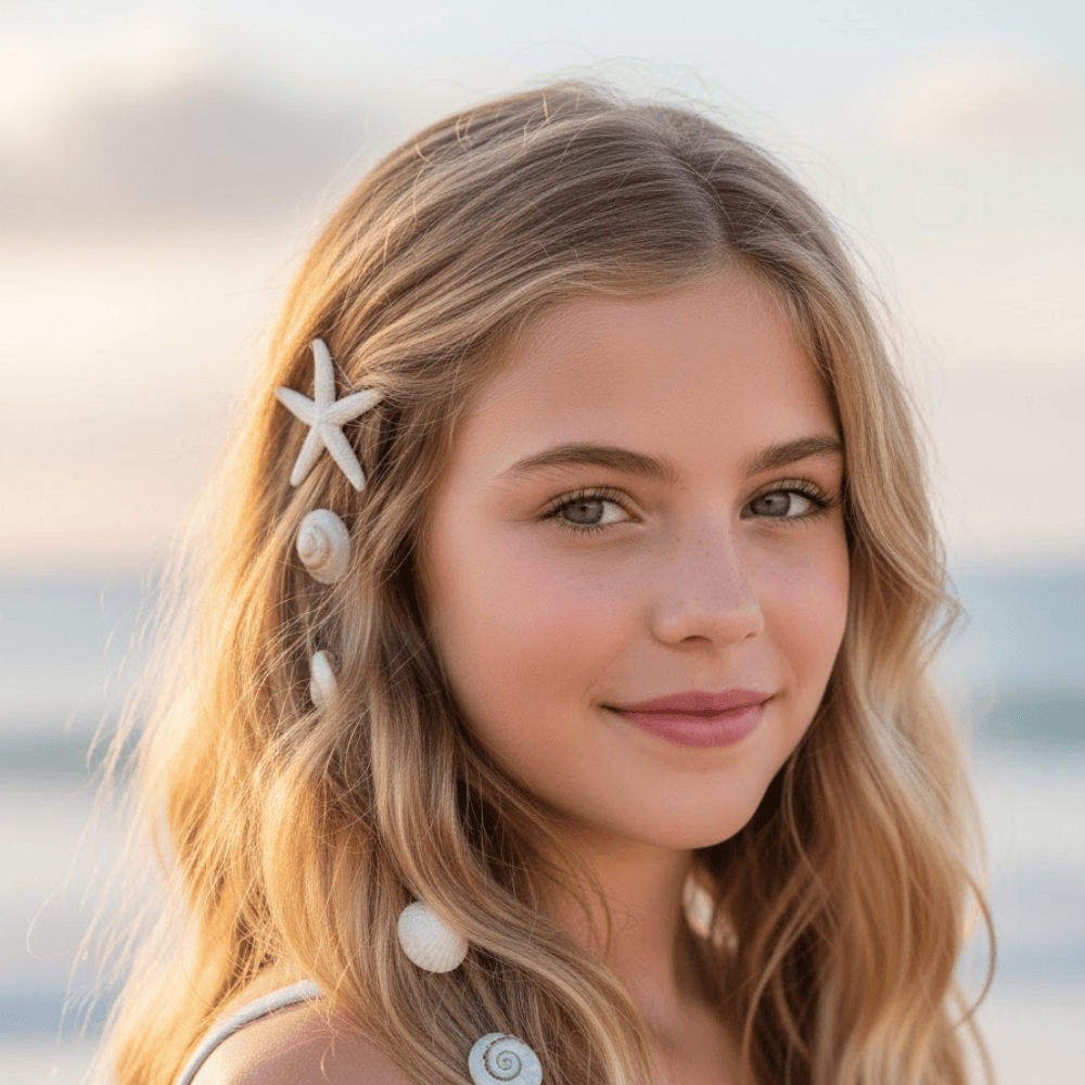 Girl with beachy waves decorated with seashell clips for a mermaid inspired hairstyle.