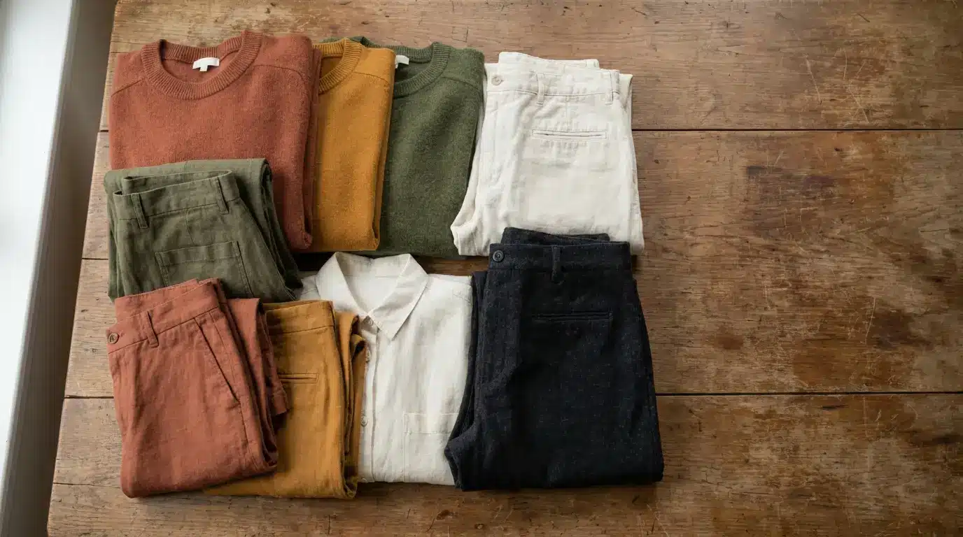 Folded sweaters and pants in earthy tones on rustic wooden table