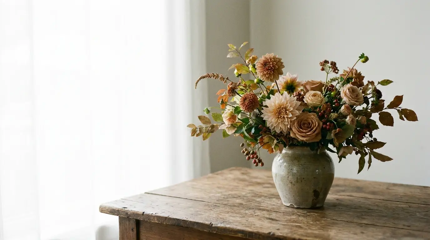 Floral arrangement in ceramic vase on rustic wooden table in softly lit room