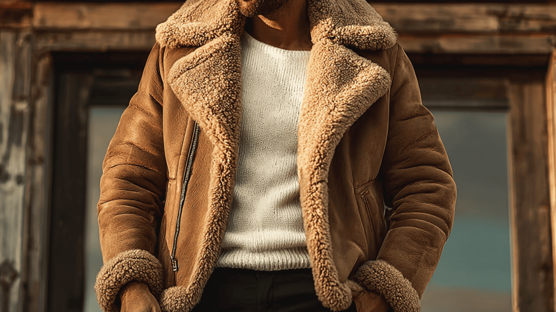 Shearling jacket with soft lining and rugged exterior for cold weather comfort