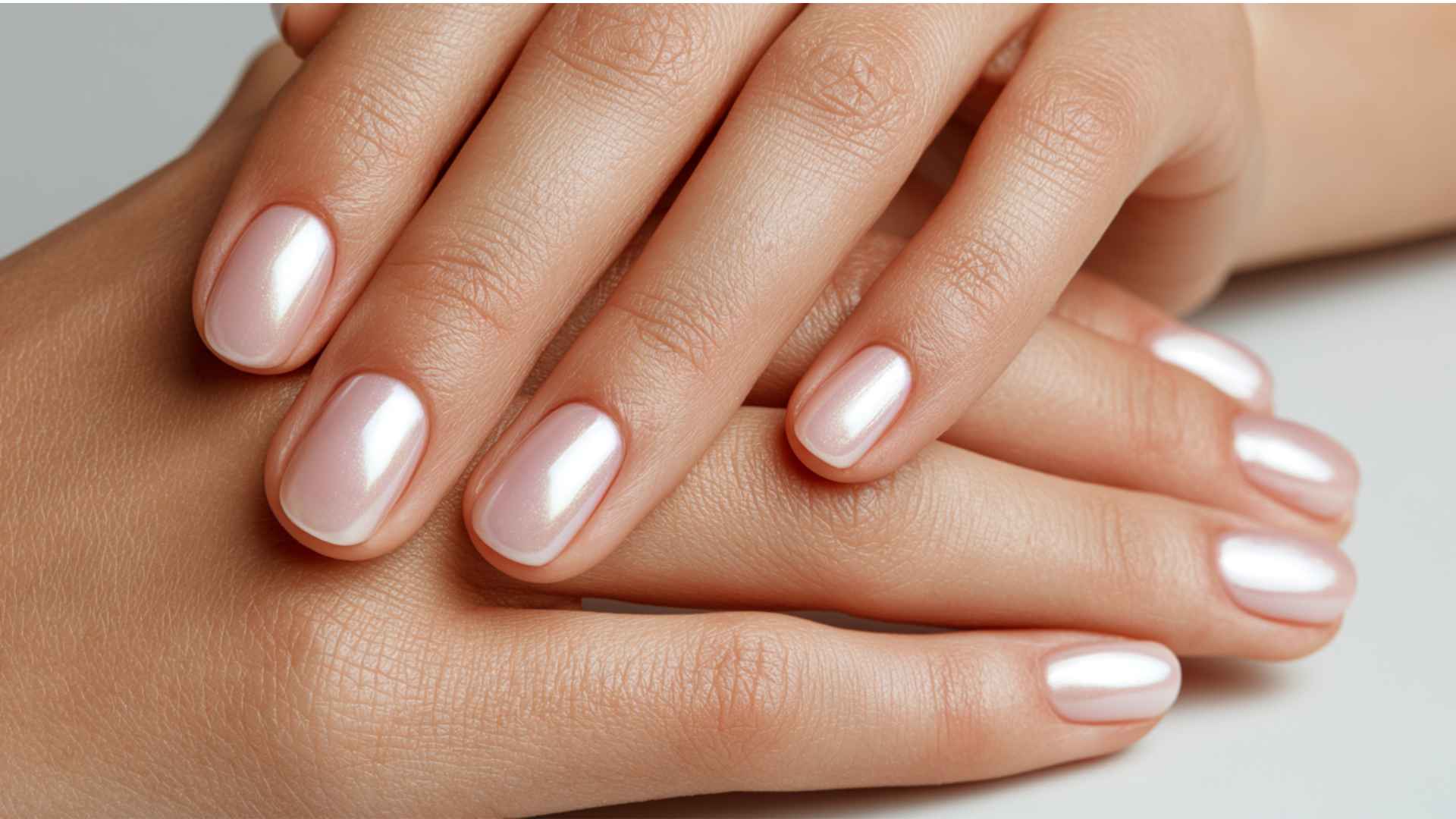 Short glazed donut nails with a milky chrome finish creating a simple glossy everyday manicure look