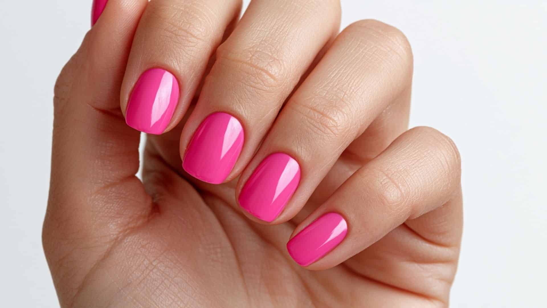 Short, glossy solid hot pink manicure on natural nails.