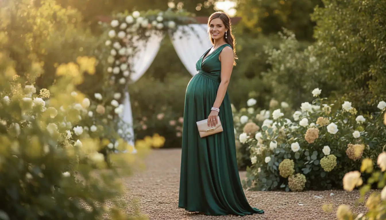 Pregnant woman in green dress holding clutch in garden wedding setting with floral archway