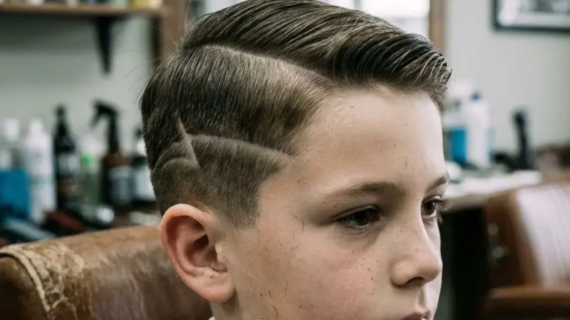 Boy with side part haircut featuring sharp geometric shaved line design on the side, shown in close-up indoor barber shop setting.
