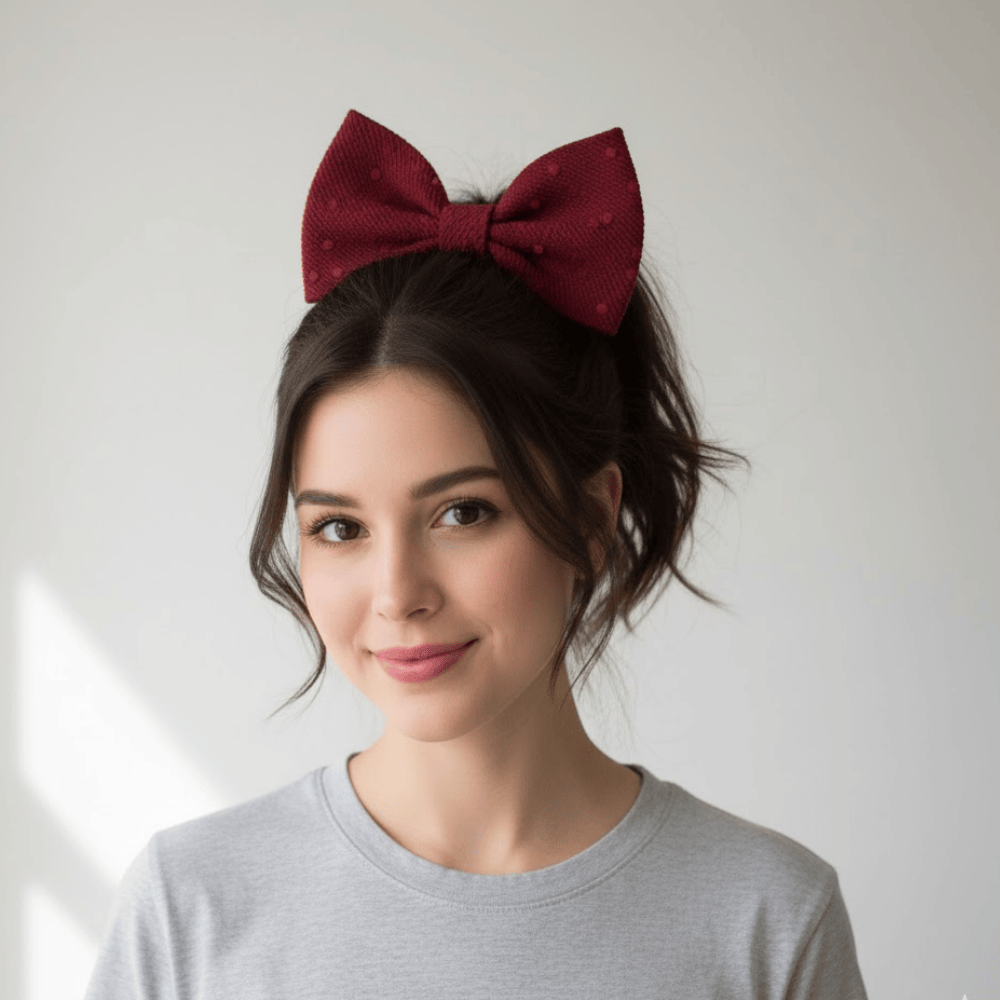 Girl with a high ponytail featuring a large red statement bow for a stylish school hairstyle.