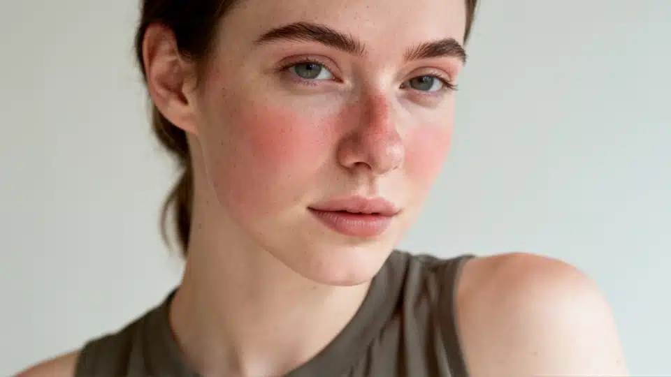Close-up showing facial redness on cheeks and nose with visible skin texture
