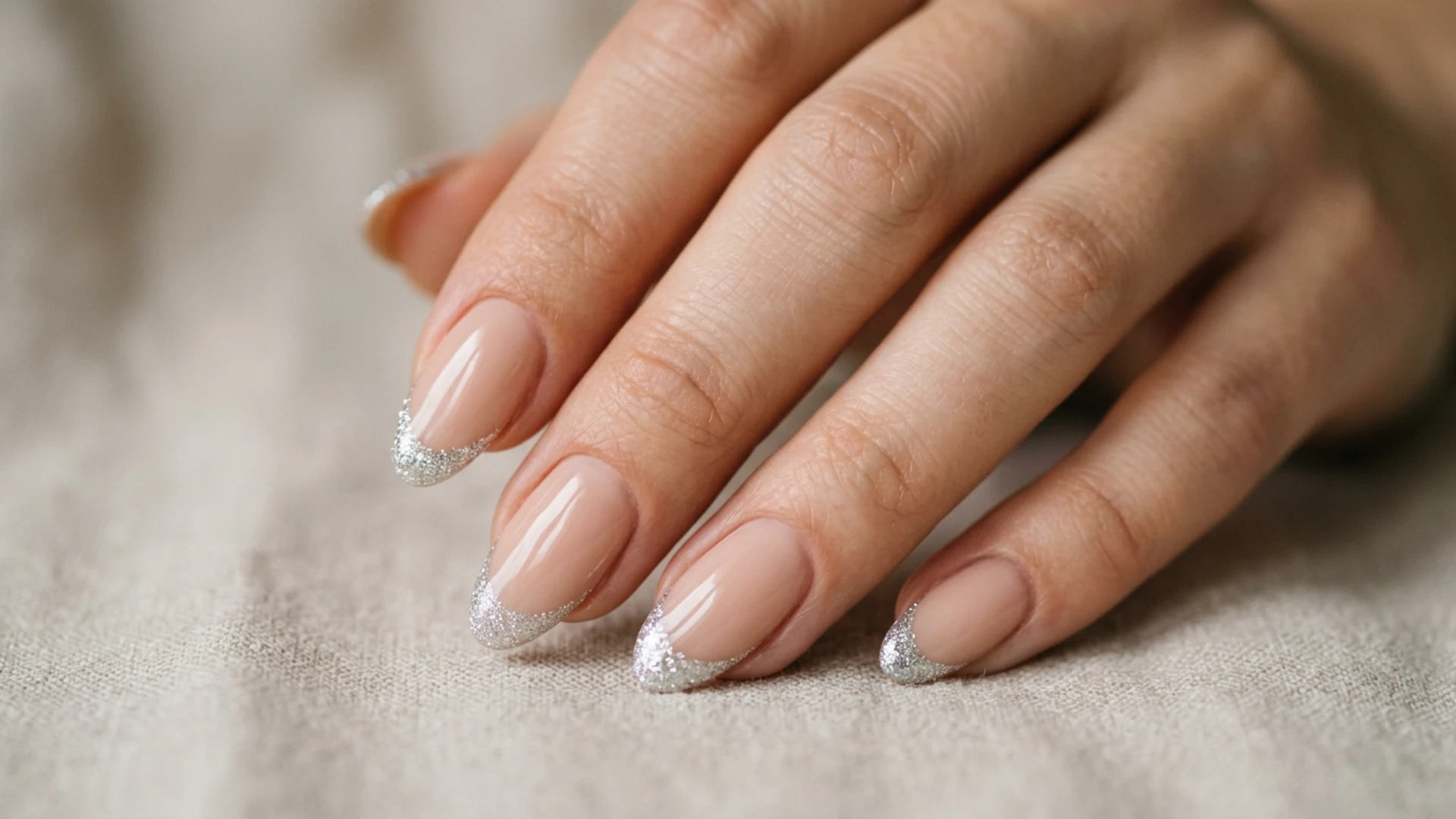 Hand showcasing classic French manicure with translucent nude nails and shimmering silver glitter accents along tips