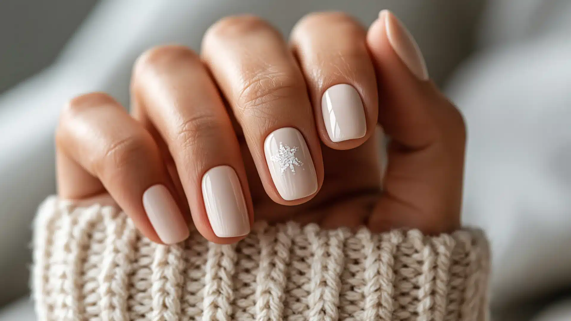 Close view of polished white nails with a winter themed snowflake detail on a cozy knitted sleeve background