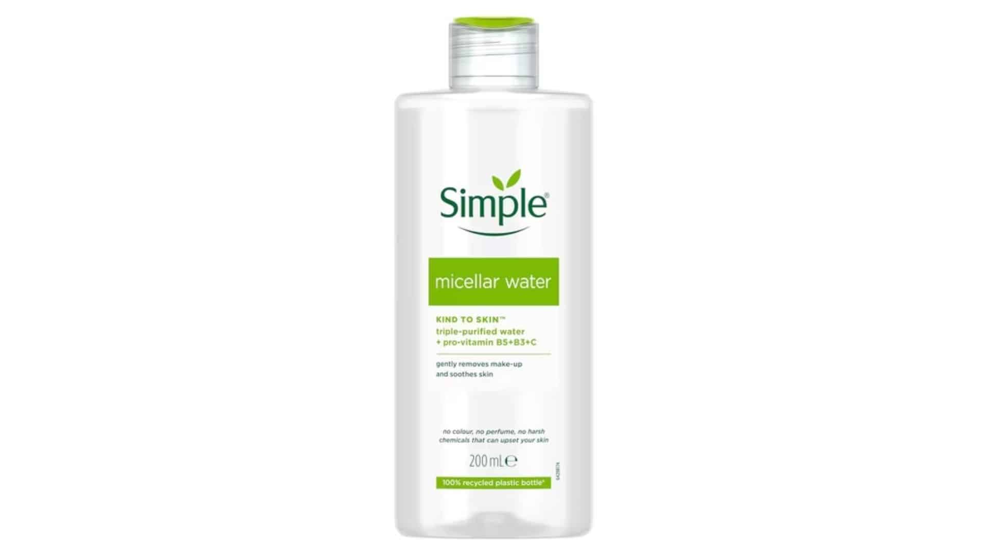 Simple Micellar Water bottle with gentle makeup removal formula for sensitive skin cleansing