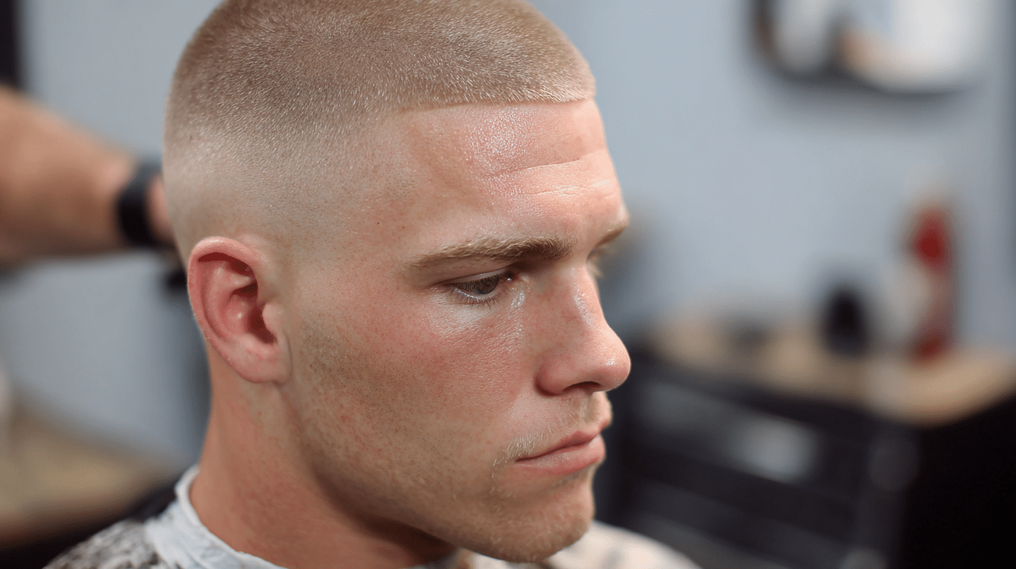 Man with a skin fade buzz cut showing shaved sides and a sharp short hairstyle.