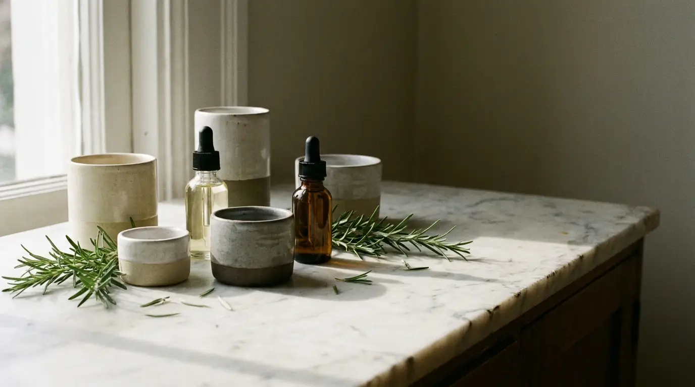 Ceramic jars and essential oil bottles on marble countertop with rosemary sprigs in natural light