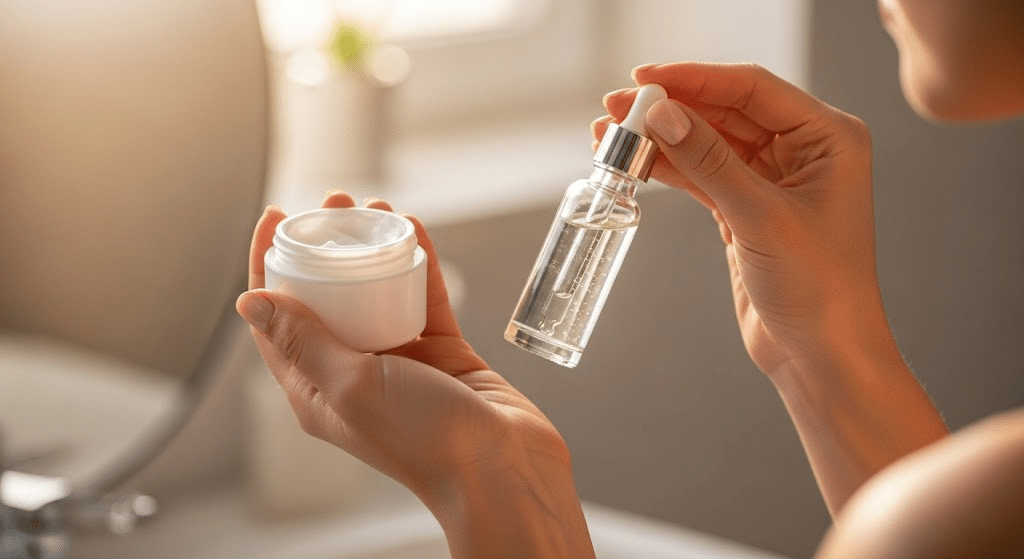 Hands applying skincare products with moisturizer and serum for a simple anti aging skincare routine at home