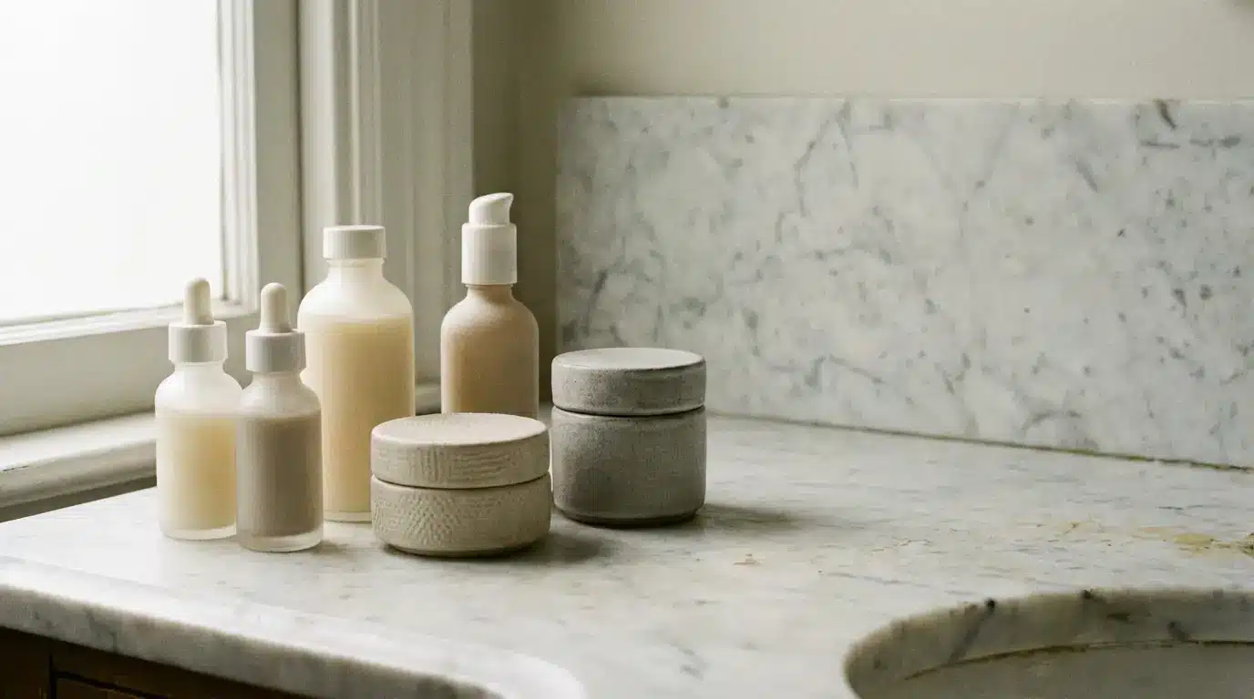 Skincare bottles and jars on marble countertop near window in soft natural light
