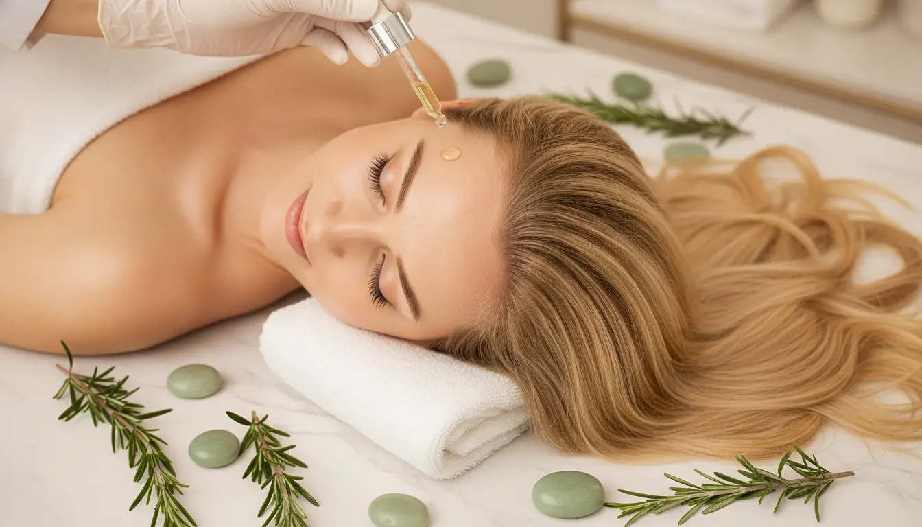 Woman receiving facial oil treatment on spa table with rosemary and stones