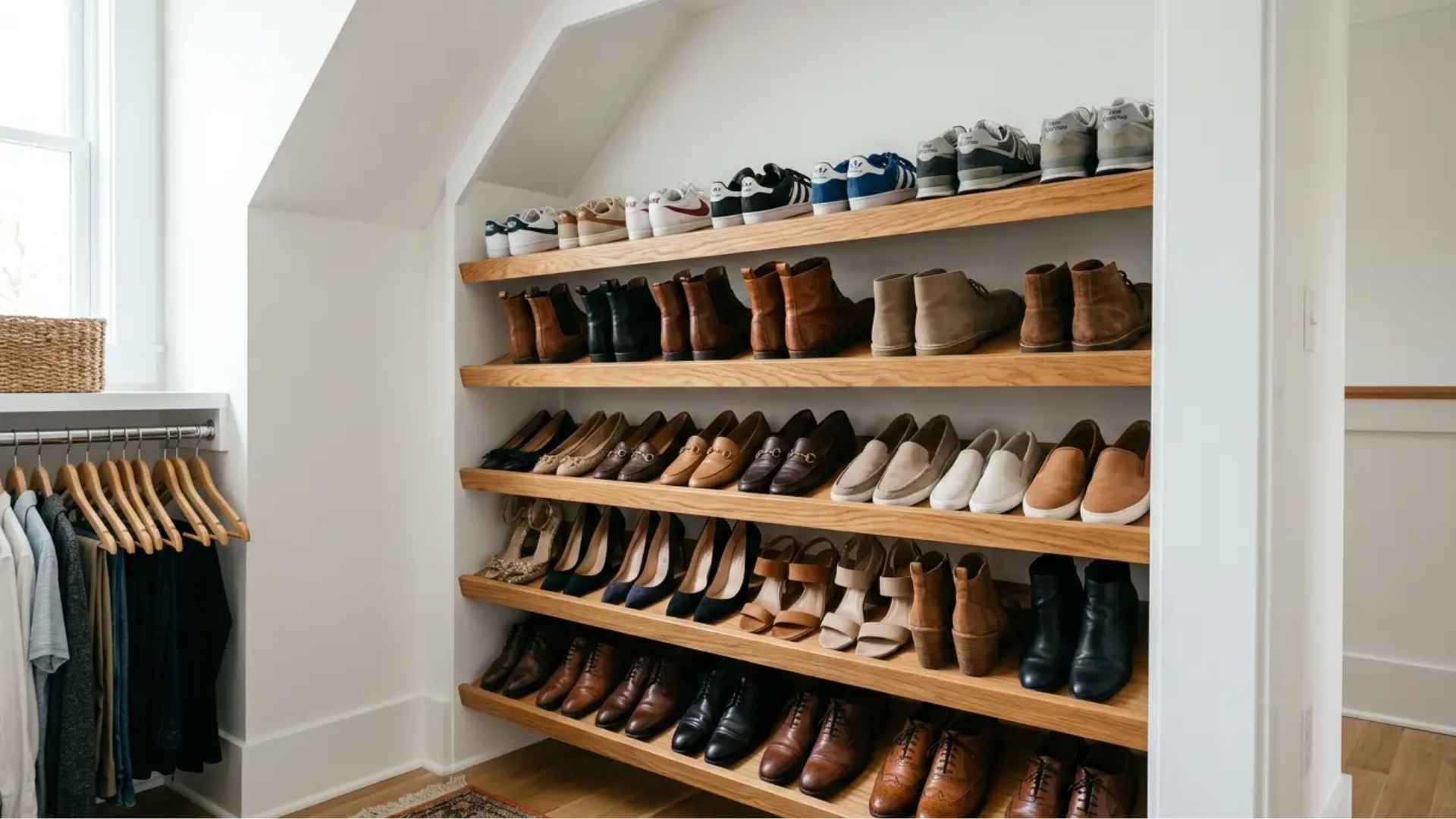 Slanted wooden shoe rack holding pairs of shoes at an angle inside a closet
