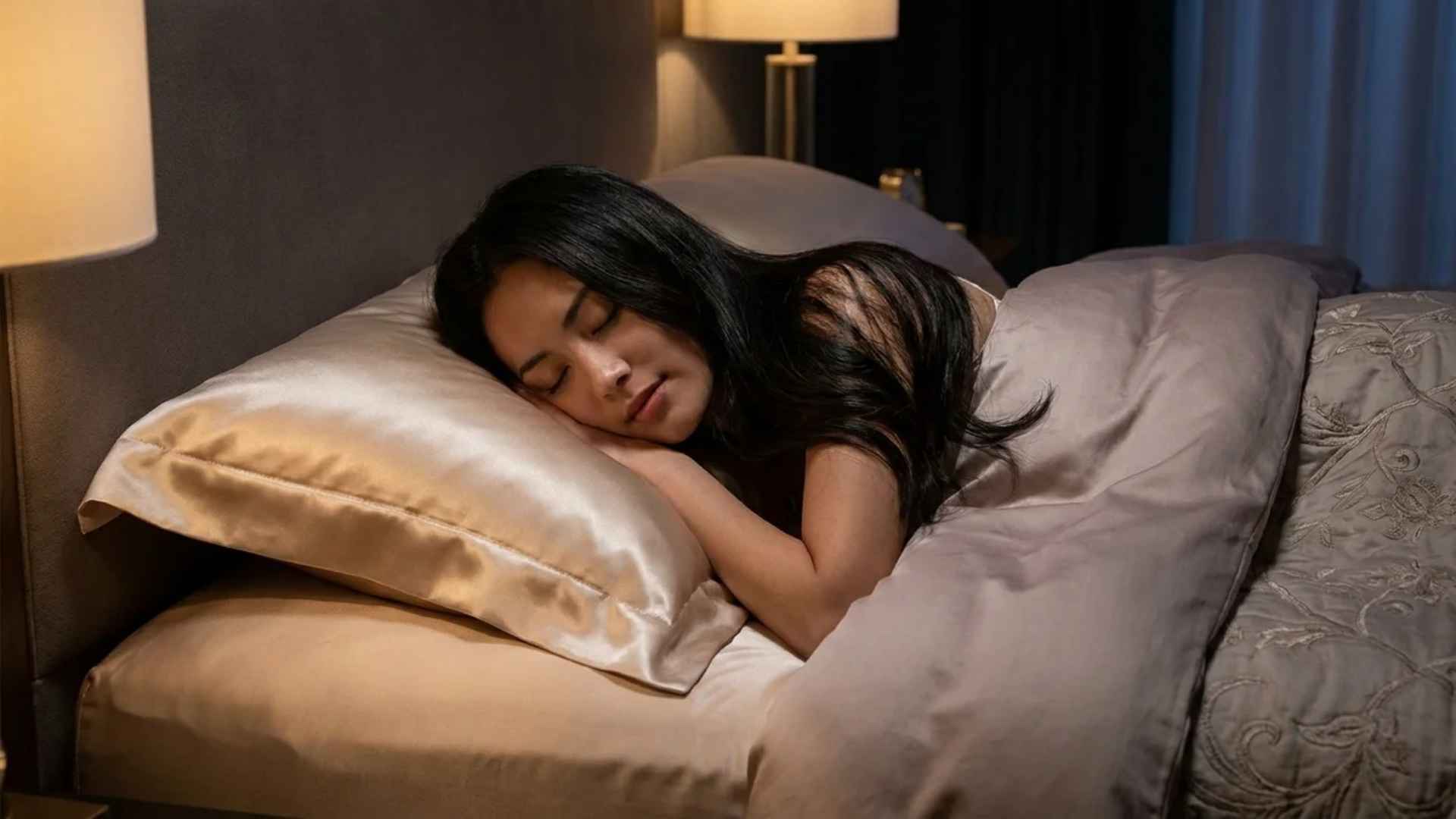 Smooth hair resting on satin pillowcase showing reduced friction during sleep routine