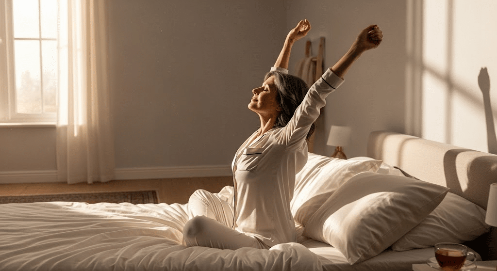 Woman stretching in bed after waking up to maintain energy, relaxation, and healthy daily habits for a youthful lifestyle