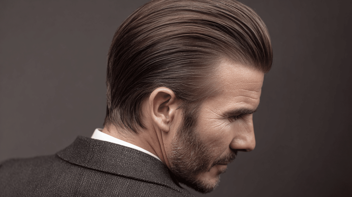 Man with slicked back medium hairstyle and polished hair finish