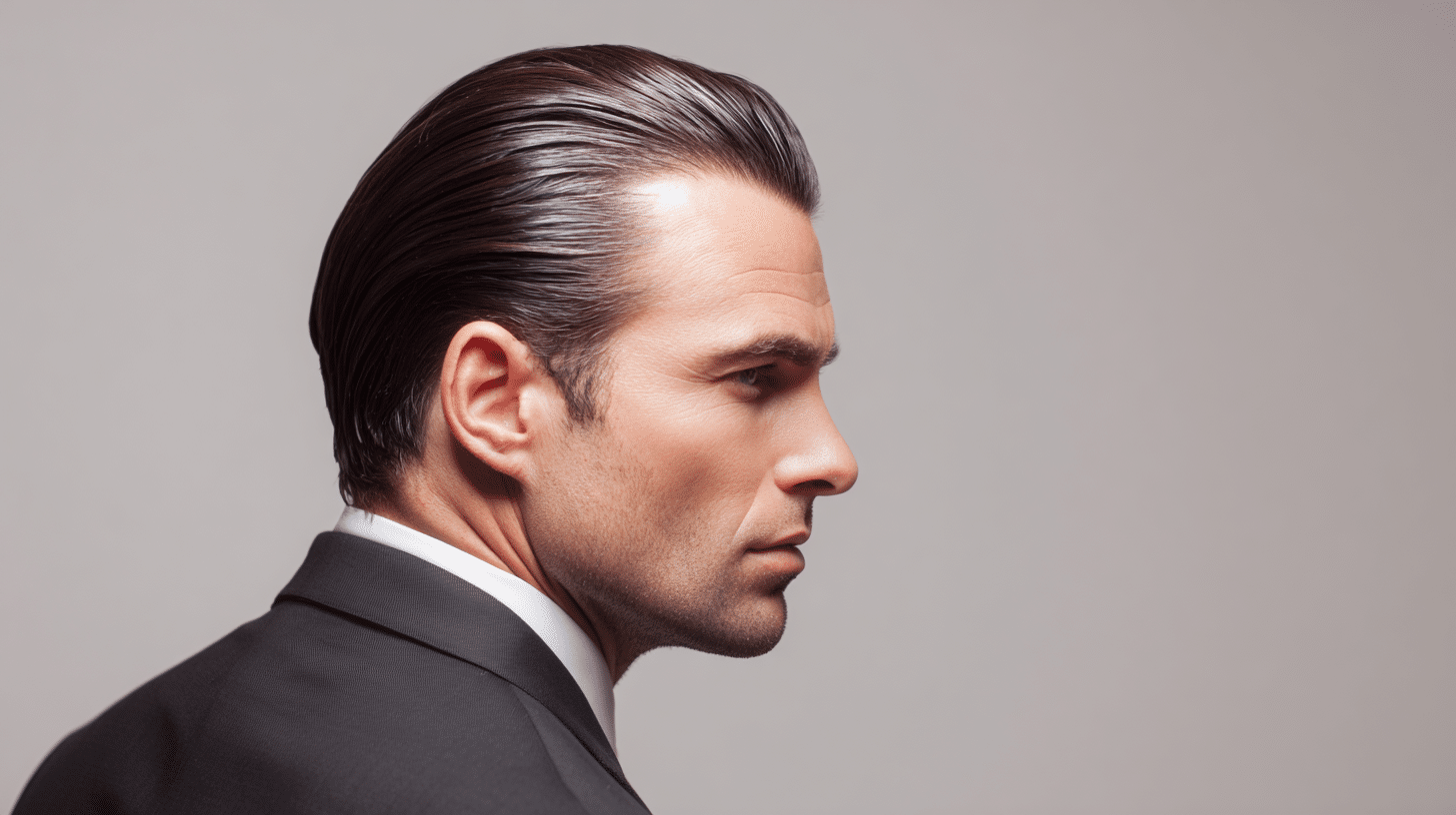 Slicked back hairstyle highlighting a widow’s peak with a refined and sophisticated finish