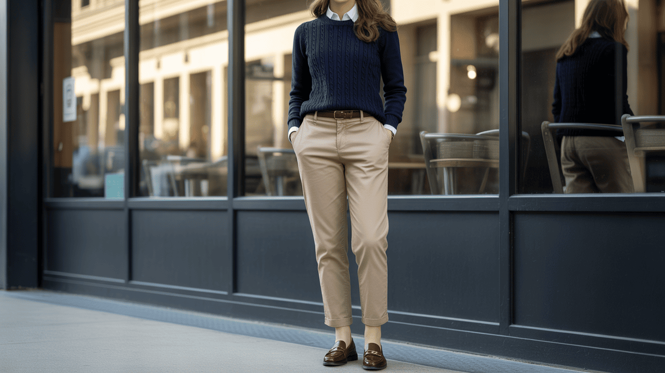Navy sweater paired with khaki chinos creating a polished smart casual outfit for work and social occasions