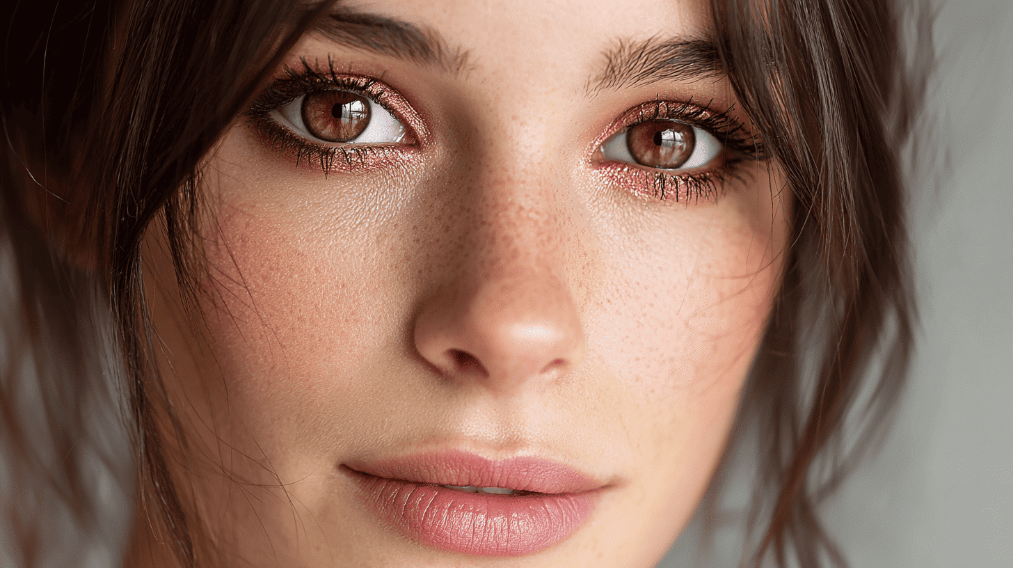Woman wearing soft taupe and champagne beige eyeshadow with a fresh natural everyday makeup look.