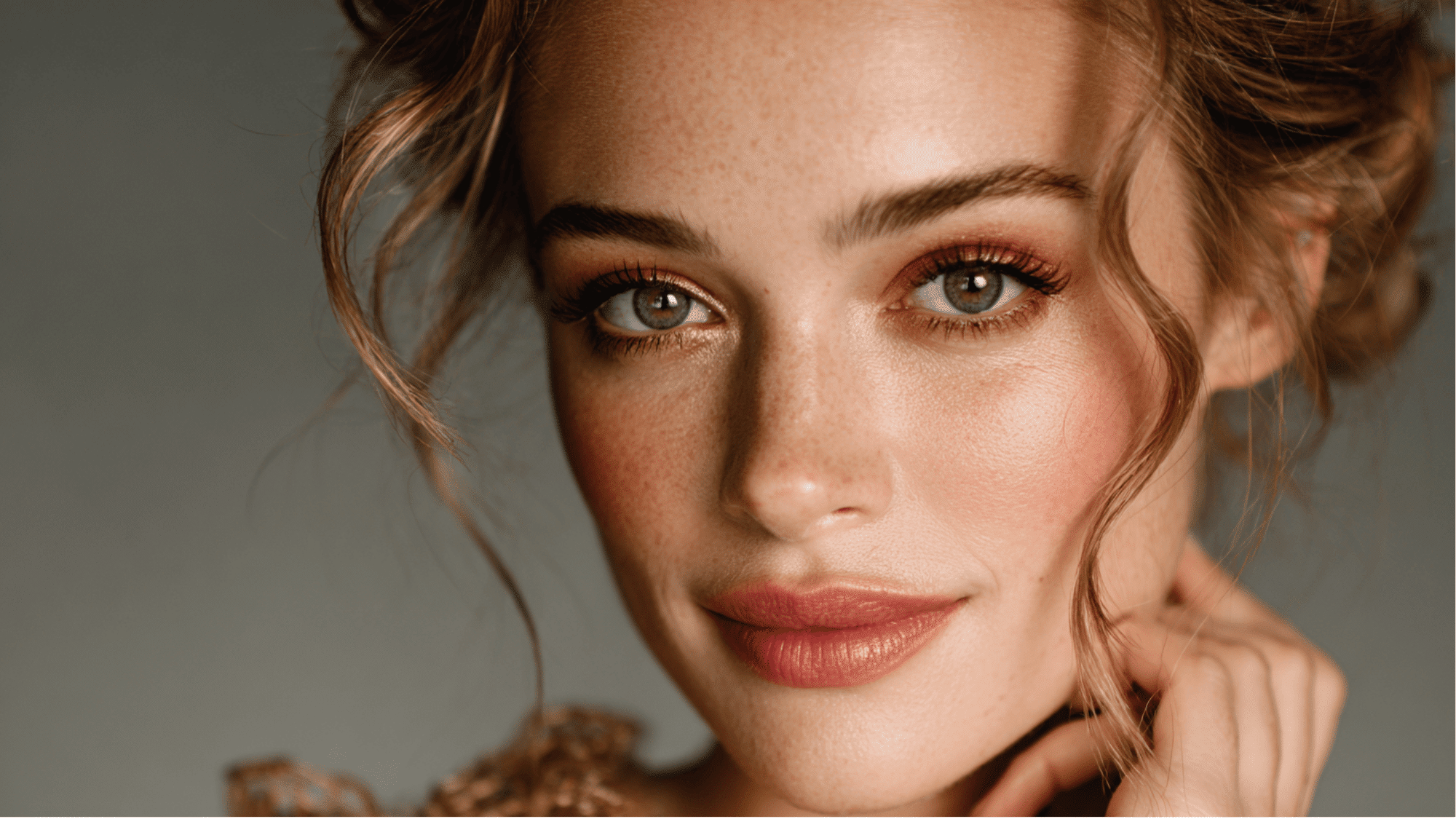Soft glam makeup with warm eyeshadow, glowing skin, defined lashes, and a neutral pink lip look