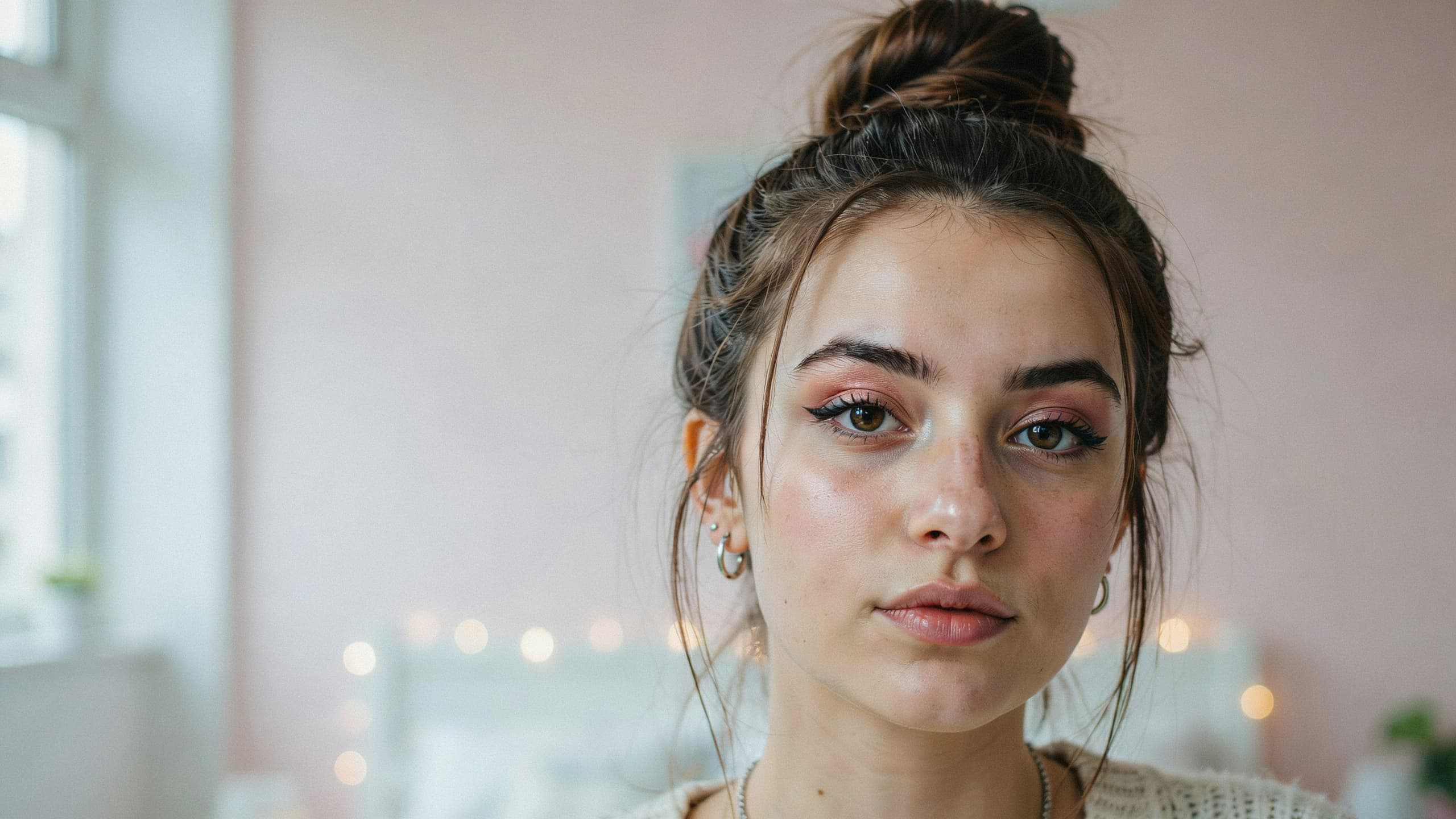 A girl with a high bun and soft egirl make up onn