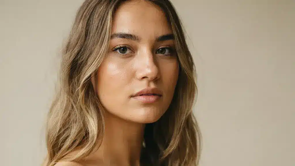 Close-up portrait of woman with medium-length wavy hair, dark blonde roots blending softly into honey blonde ends.