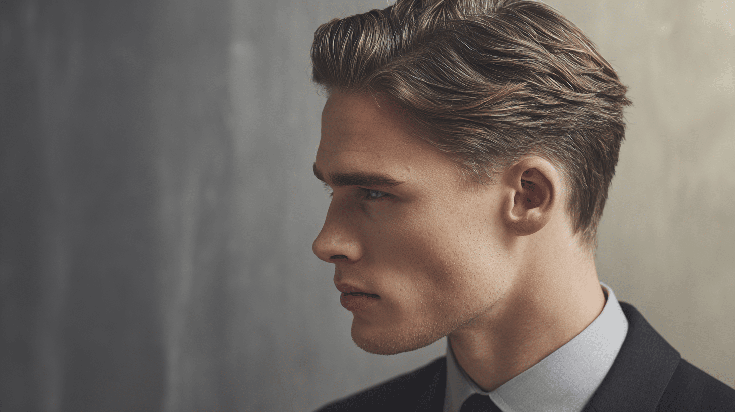 Man with swept back hairstyle and neatly tapered sides