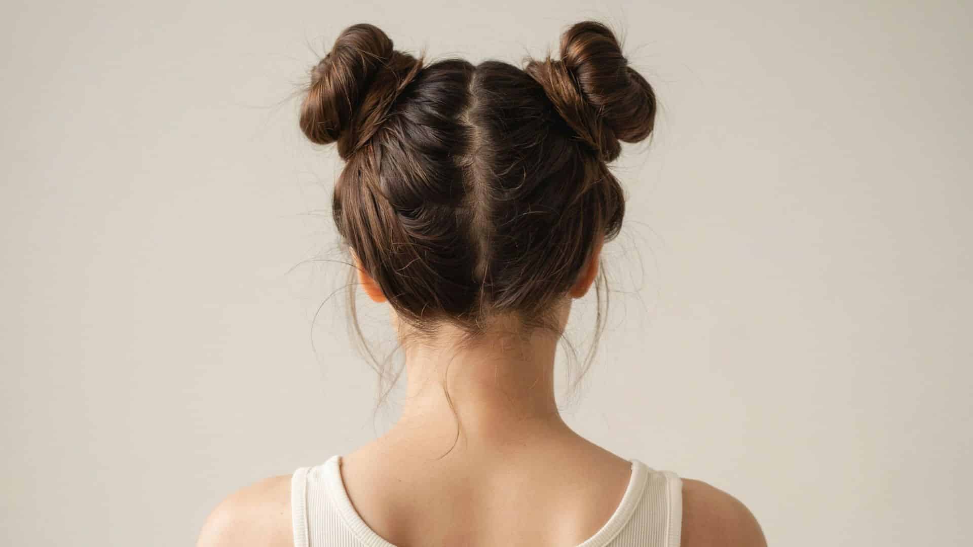 Early 2000s space buns hairstyle with two high textured buns and loose strands.