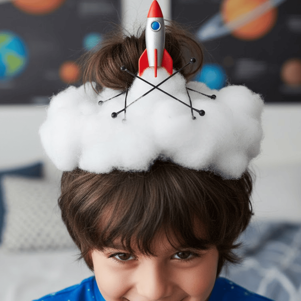 Child with a toy rocket hairstyle surrounded by cotton clouds creating a fun space themed look.