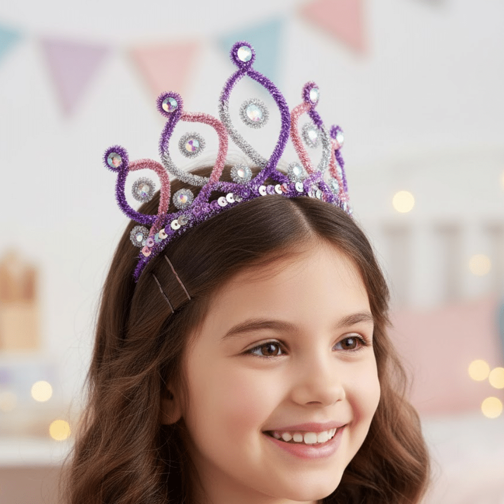 Girl seen from behind wearing a sparkly pipe cleaner tiara with a playful crown style indoors.
