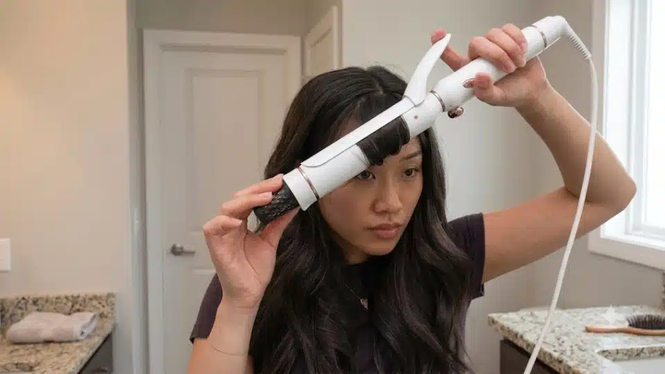 Woman curling curtain bangs away from her face with a small curling iron for a polished hairstyle look