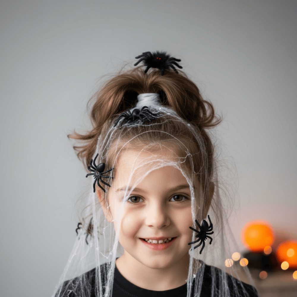 Girl with spider web hair decoration and black spiders for a spooky Halloween hairstyle.