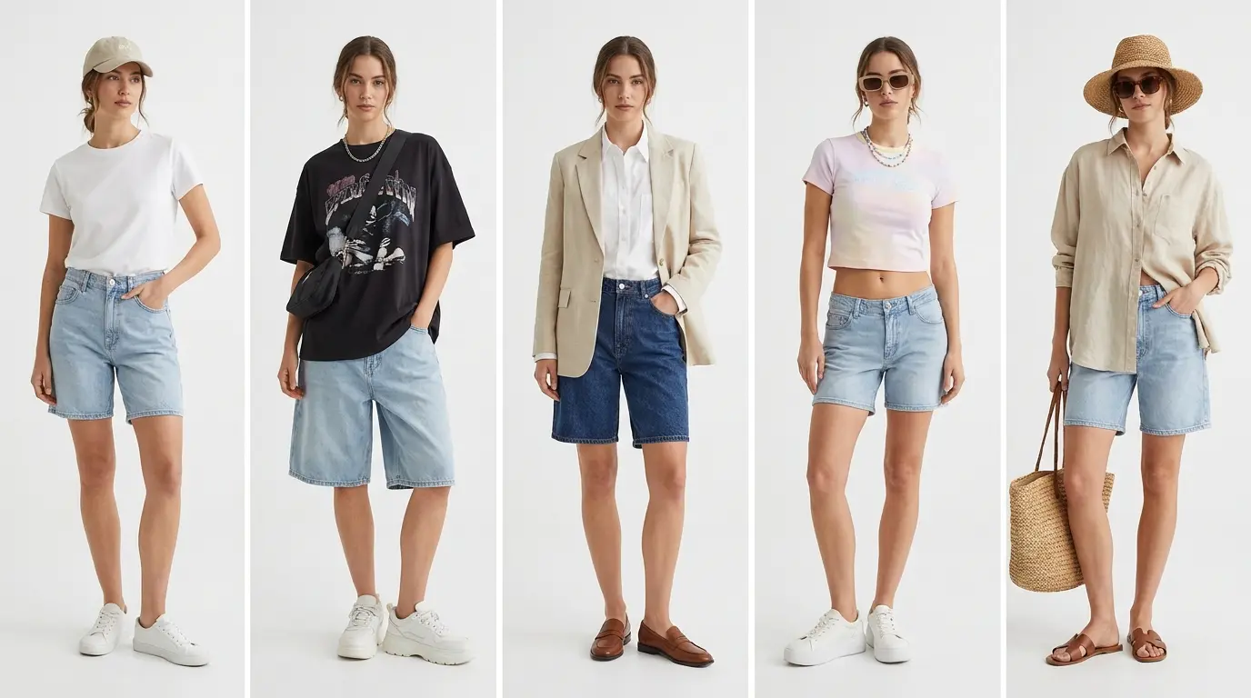 Split image showing five stylish ways to wear denim jorts