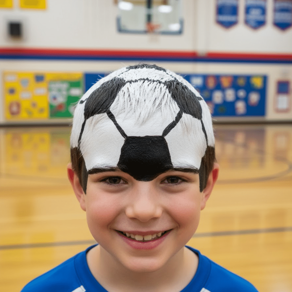 Boy with soccer ball inspired painted hair design for a creative sports themed hairstyle.