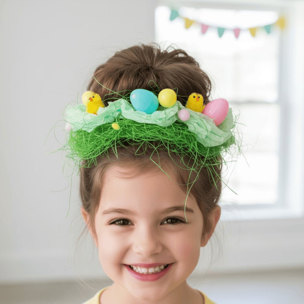 Child wearing an Easter inspired bun hairstyle with green grass and colorful decorative eggs.