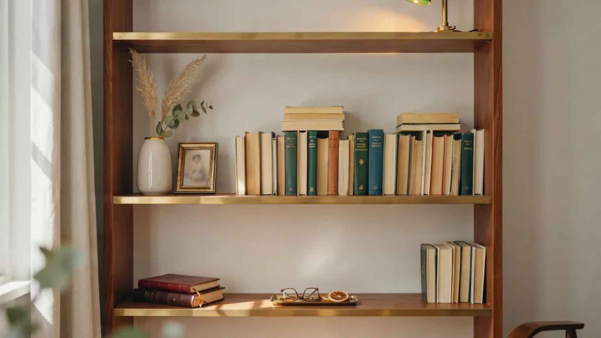 Brass vase adding a metallic accent to a bookshelf display