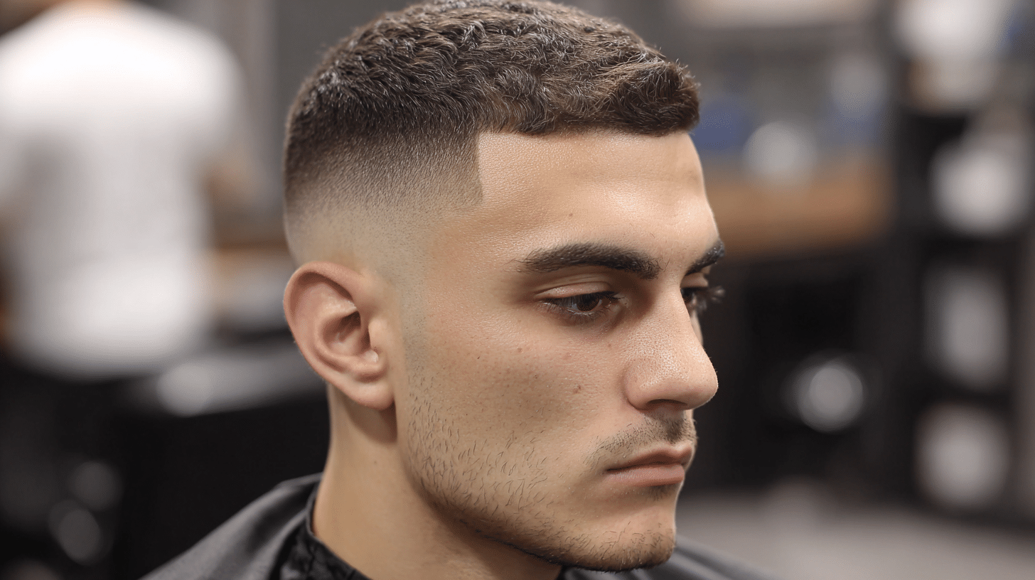 Man with a buzz fade haircut featuring sharp edges and a defined facial shape.