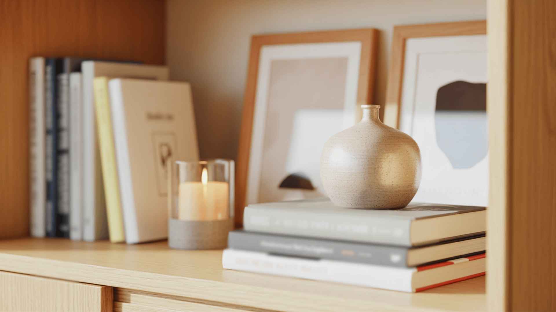 Stacked horizontal books topped with a candle for added height