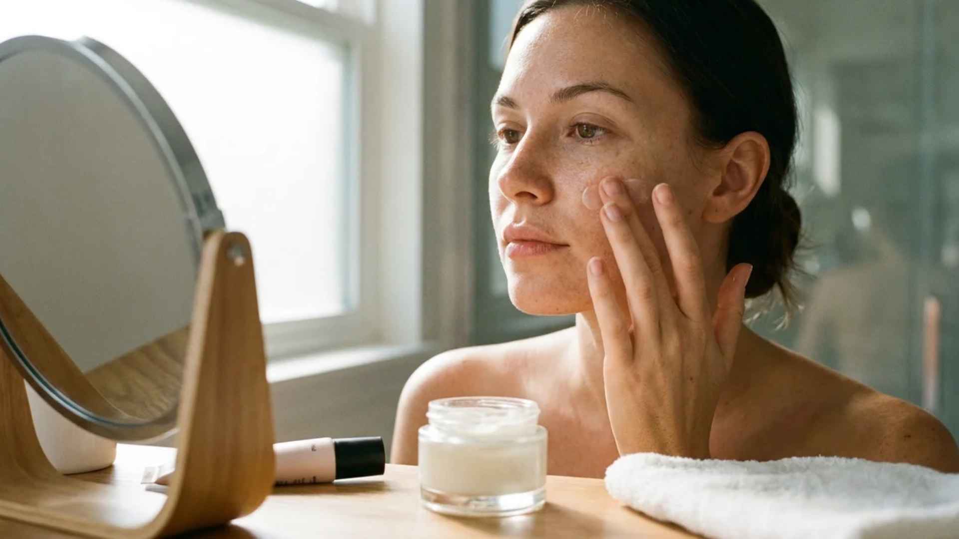 Woman applying moisturizer before makeup to create a smooth hydrated skin base