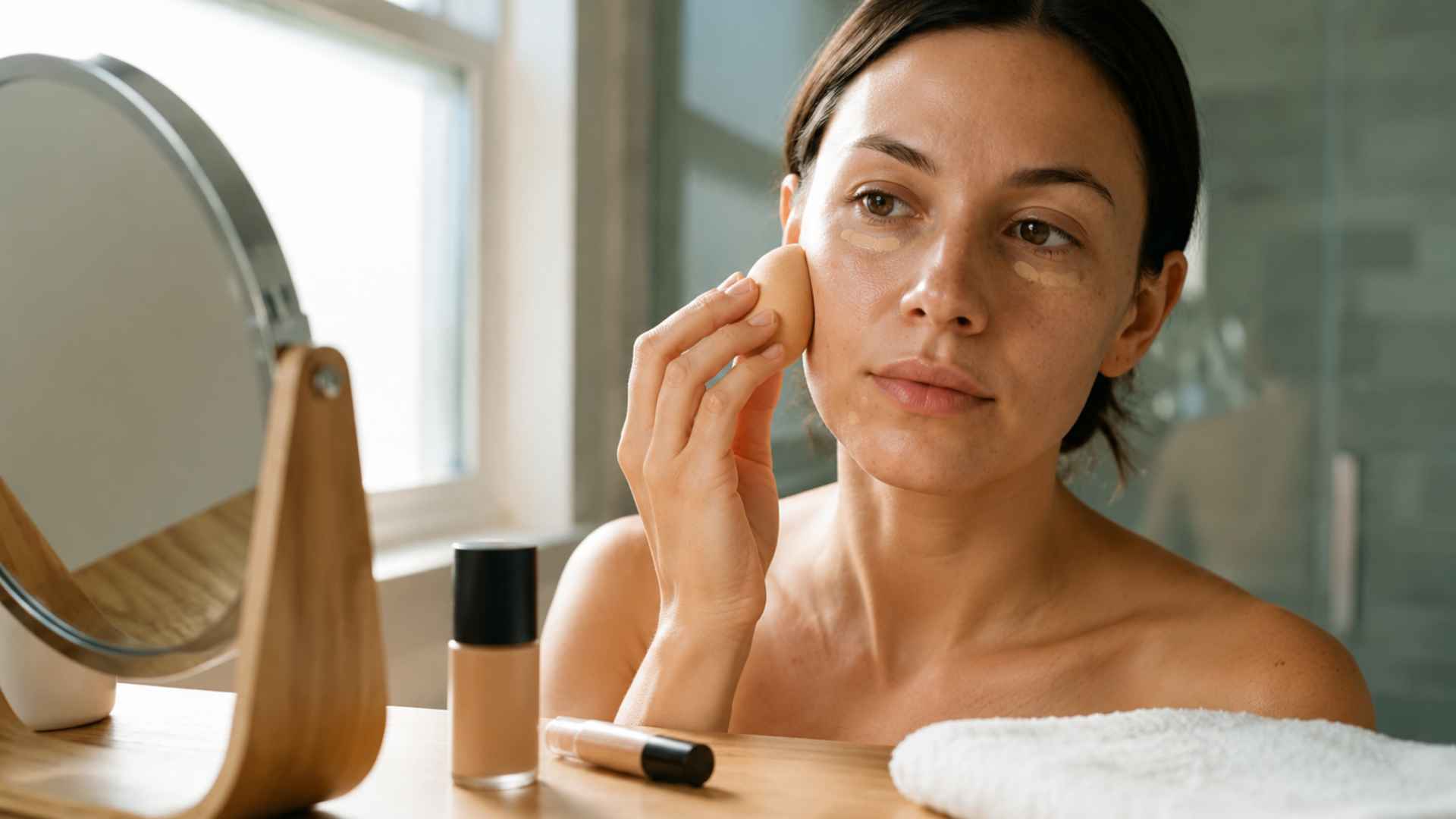 Woman blending skin tint and concealer for a lightweight natural makeup base