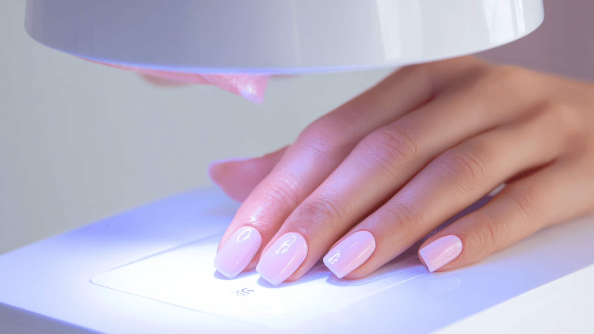 fresh pale pink gel nails cure beneath a uv lamp, glowing softly under blue and violet salon lighting.