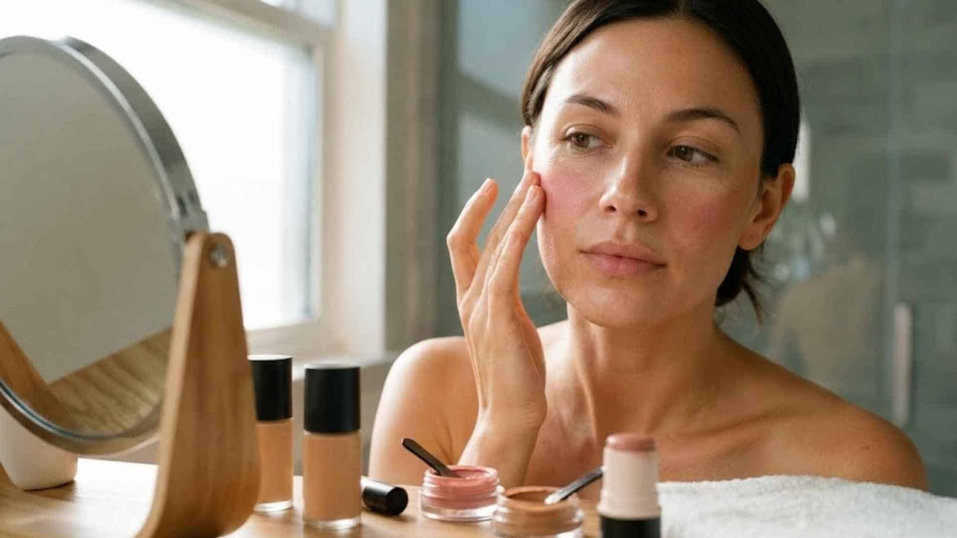 Woman blending cream blush and bronzer for a soft dewy natural makeup finish