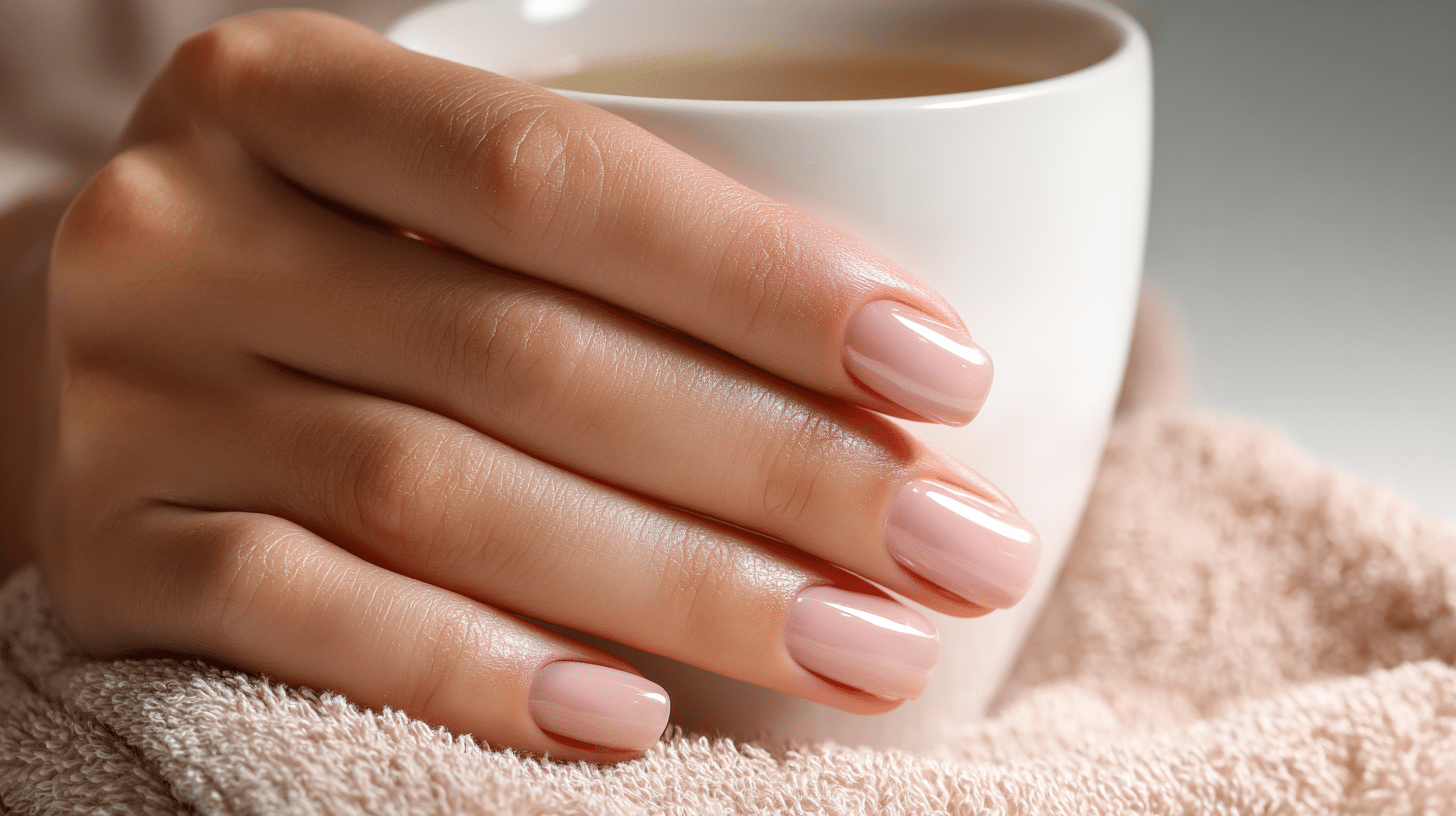 glossy nude pink manicure shown close up as a hand wraps around a white cup on a plush, beige towel.