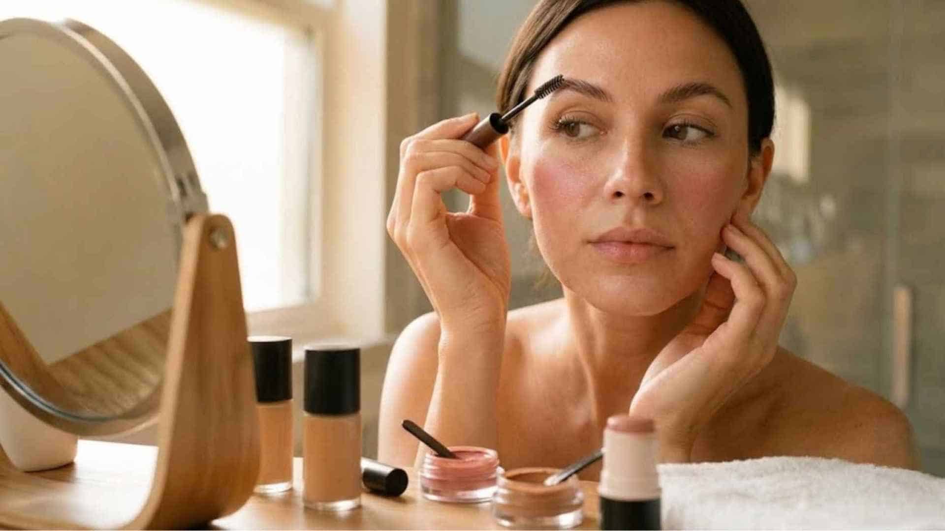 Woman applying brow gel and neutral eyeshadow for a soft natural eye look