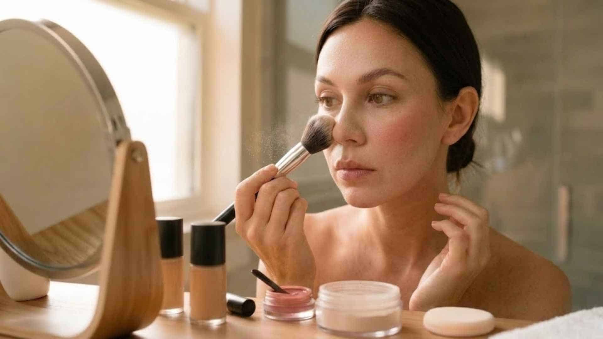 Woman applying natural makeup with a brush while checking her fresh skin finish in a mirror with beauty products nearby