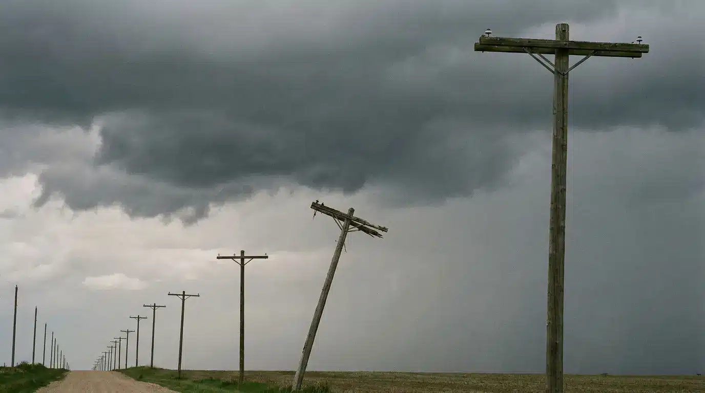 Leaning telephone poles under dark stormy sky along dirt road in rural landscape