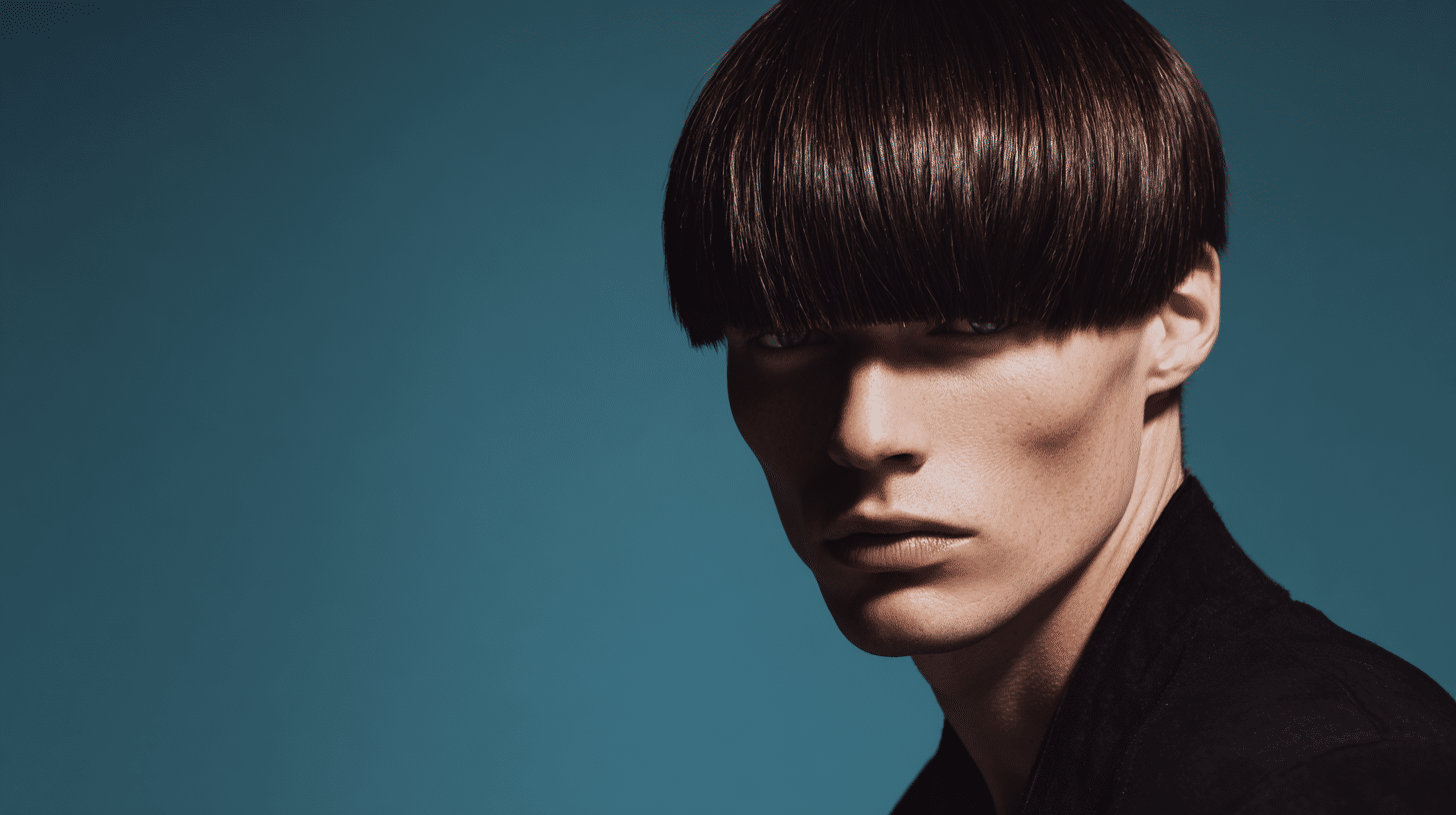 Man with blunt fringe haircut with straight sharp bangs covering his forehead